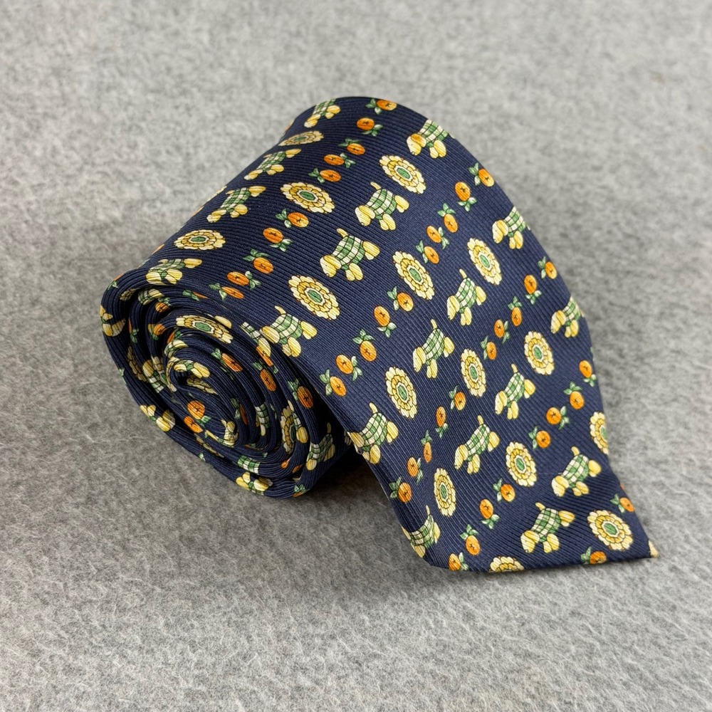 Vintage Madelios Paris Mens Silk Tie Navy Dog Sweater Floral Fruit Italy 61x3.5"